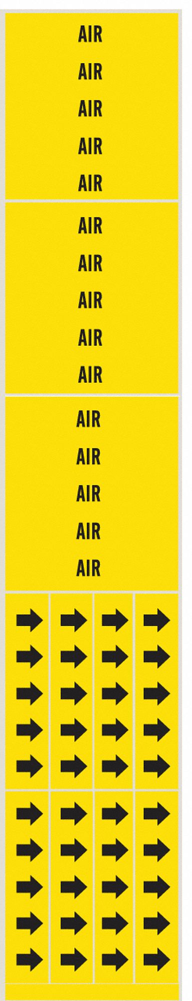 Pipe Marker: Air, Yellow, Black, Fits 3/4 in and Smaller Pipe O.D., 3 Pipe Markers, Without Arrows
