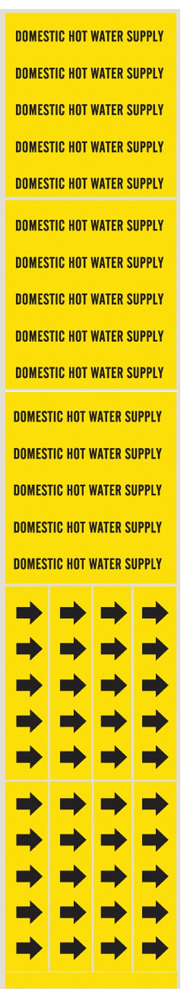 Pipe Marker: Domestic Hot Water Supply, Yellow, Black, Fits 3/4 in and Smaller Pipe O.D.