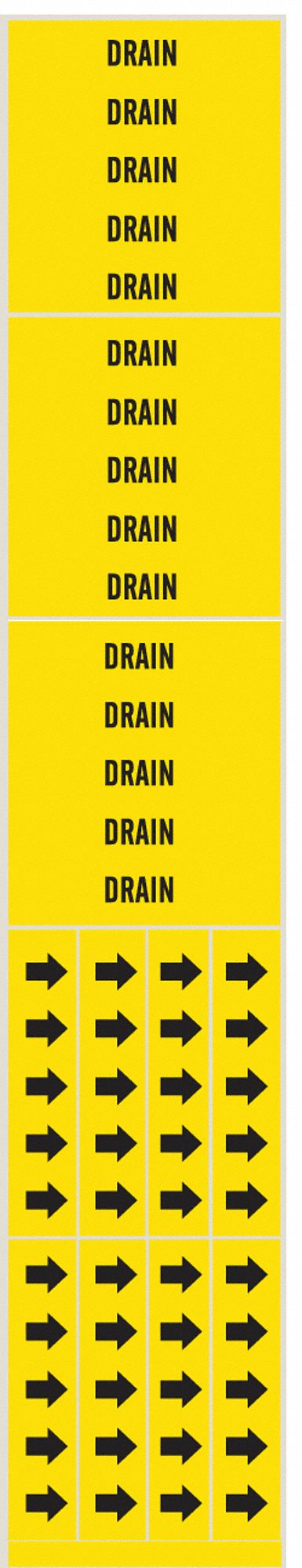 Pipe Marker: Drain, Yellow, Black, Fits 3/4 in and Smaller Pipe O.D., 3 Pipe Markers, Without Arrows