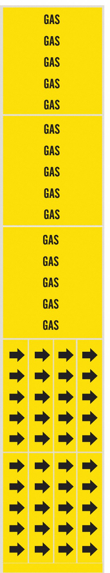 Pipe Marker: Gas, Yellow, Black, Fits 3/4 in and Smaller Pipe O.D., 3 Pipe Markers, Without Arrows