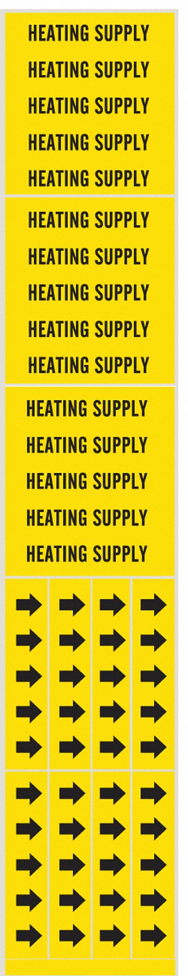 Pipe Marker: Heating Supply, Yellow, Black, Fits 3/4 in and Smaller Pipe O.D., 3 Pipe Markers