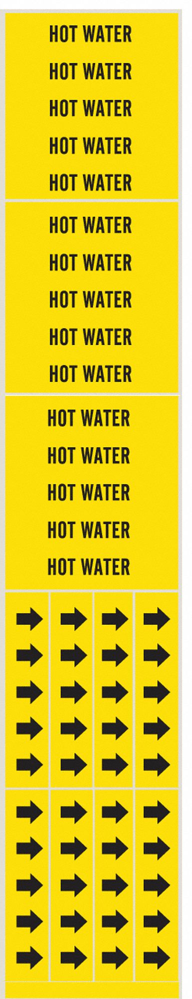 Pipe Marker: Hot Water, Yellow, Black, Fits 3/4 in and Smaller Pipe O.D., 3 Pipe Markers