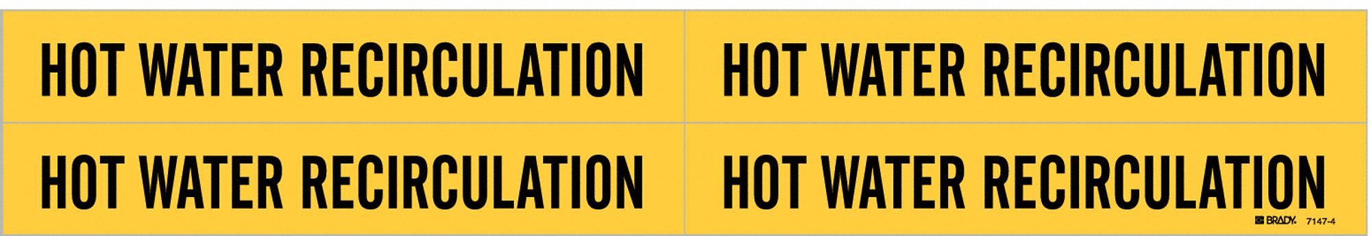 Pipe Marker: Hot Water Recirculation, Yellow, Black, Fits 3/4 to 2 3/8 in Pipe O.D., 4 Pipe Markers