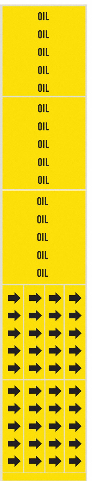 Pipe Marker: Oil, Yellow, Black, Fits 3/4 in and Smaller Pipe O.D., 3 Pipe Markers, Without Arrows
