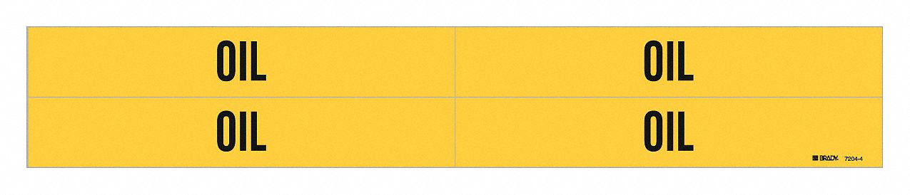 Pipe Marker: Oil, Yellow, Black, Fits 3/4 to 2 3/8 in Pipe O.D., 4 Pipe Markers, Without Arrows