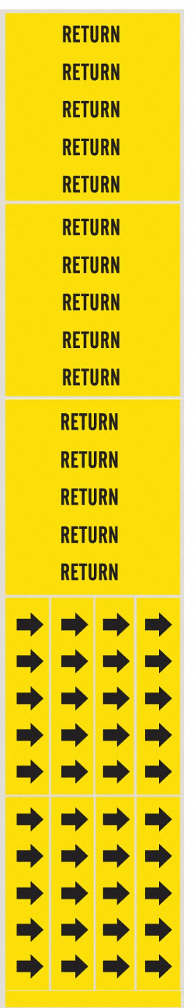 Pipe Marker: Return, Yellow, Black, Fits 3/4 in and Smaller Pipe O.D., 3 Pipe Markers, With Arrows