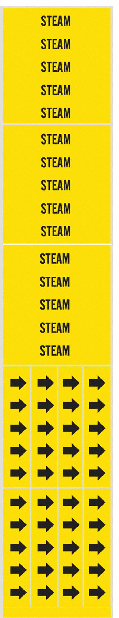 Pipe Marker: Steam, Yellow, Black, Fits 3/4 in and Smaller Pipe O.D., 3 Pipe Markers, Without Arrows