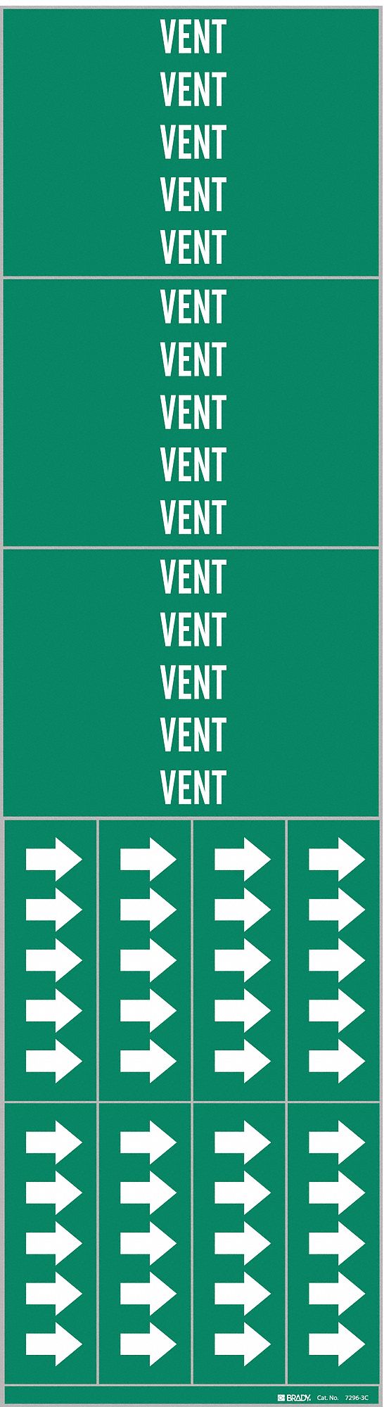 Pipe Marker: Vent, Green, White, Fits 3/4 in and Smaller Pipe O.D., 3 Pipe Markers, With Arrows