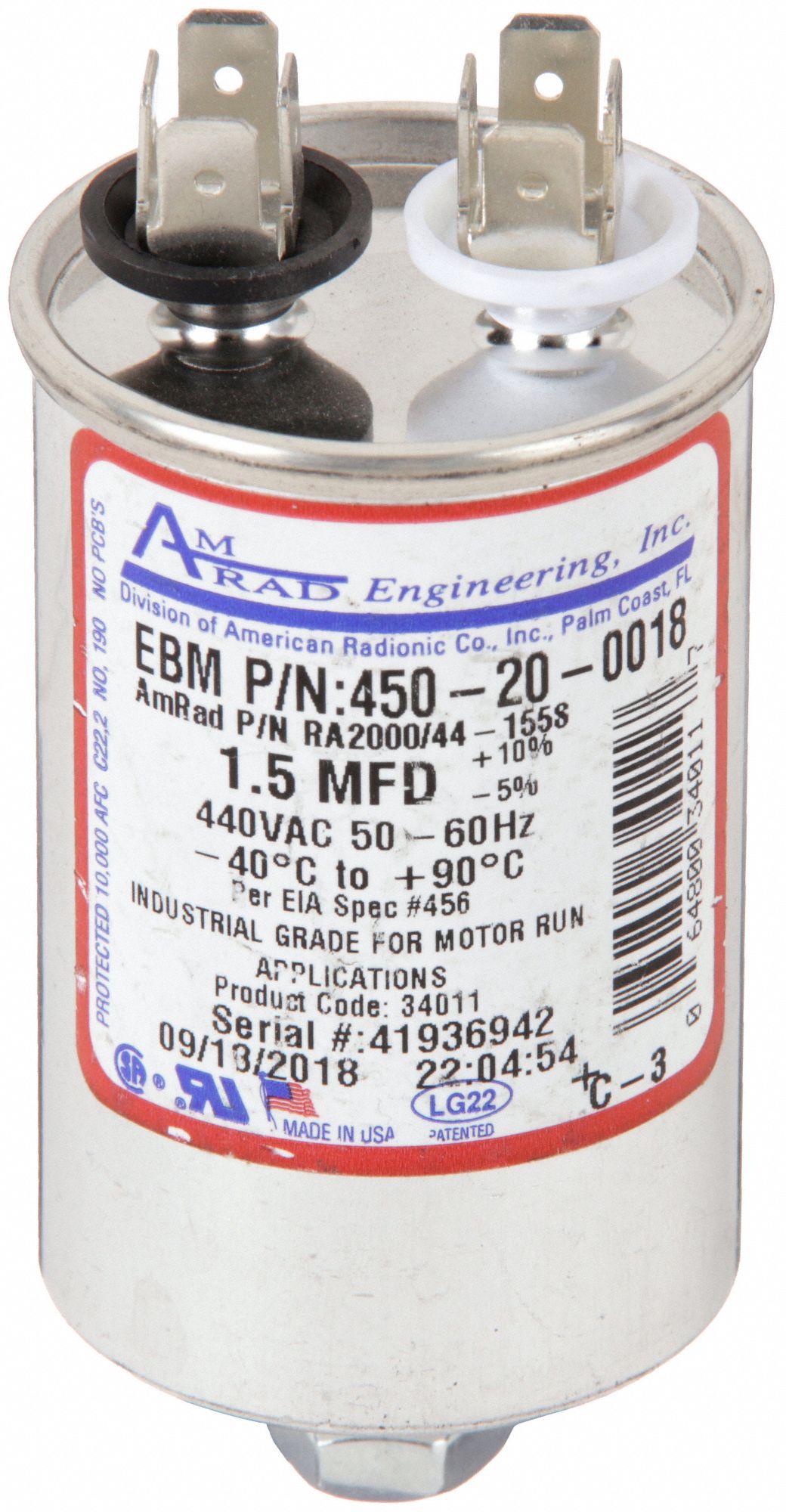 Motor Run Capacitor: Round, 440V AC, 1.5 MFD, 1 3/4 in Overall Dia, -20°C Op Temp - Min