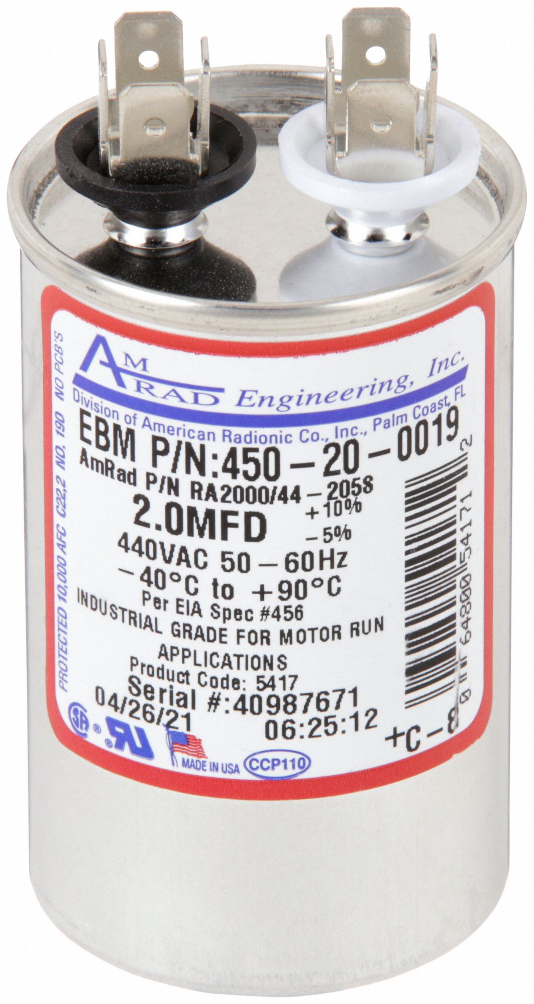 Motor Run Capacitor: Round, 440V AC, 2 MFD, 1 3/4 in Overall Dia, -20°C Op Temp - Min