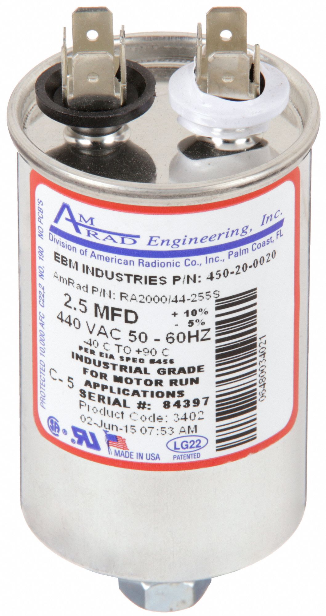 Motor Run Capacitor: Round, 440V AC, 2.5 MFD, 1 3/4 in Overall Dia, -20°C Op Temp - Min