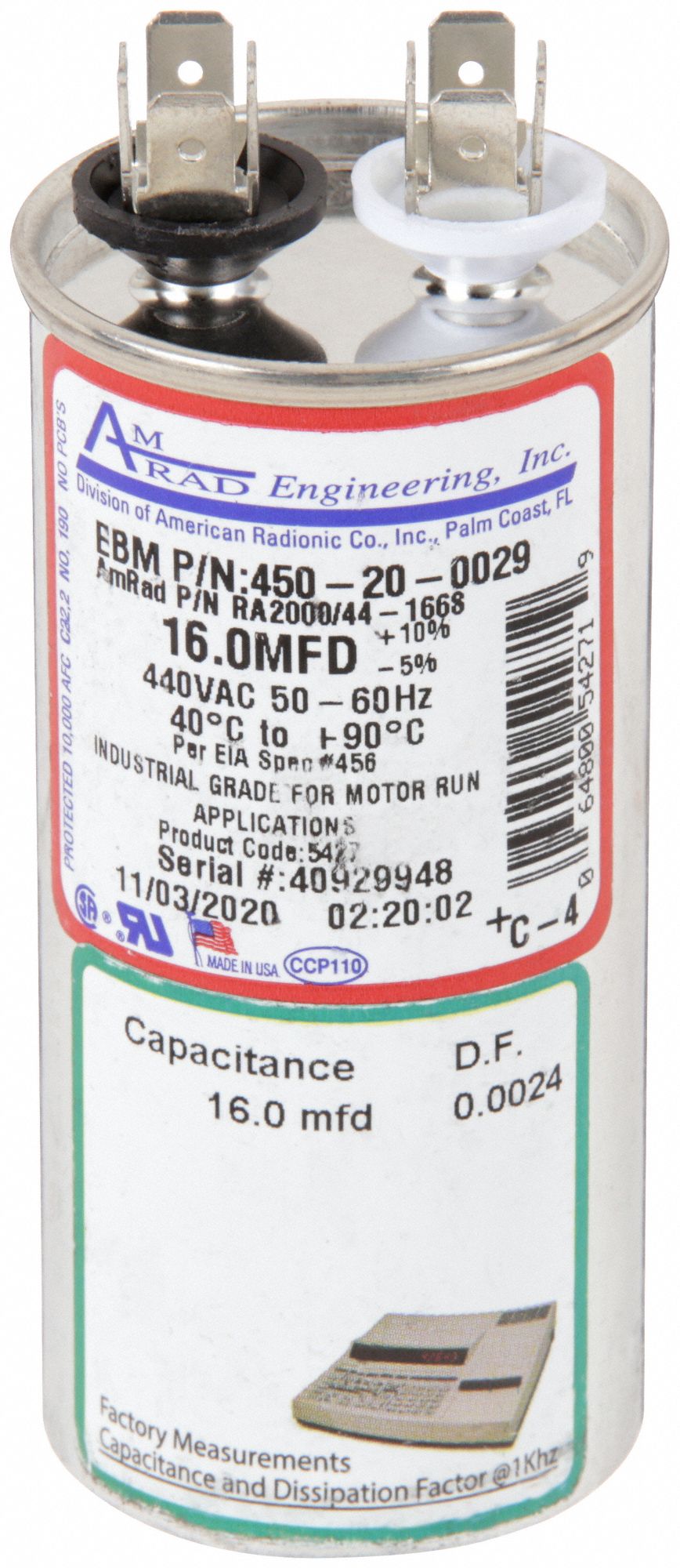 Motor Run Capacitor: Round, 440V AC, 16 MFD, 1 3/4 in Overall Dia, -20°C Op Temp - Min