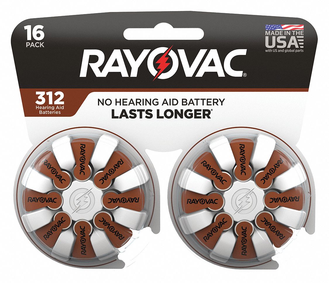 RAYOVAC Hearing Aid Battery: 312 Battery Size, Zinc Air, 185 mAh Capacity,  1.4V DC, 16 PK - 5AHD1|312-16 - Grainger