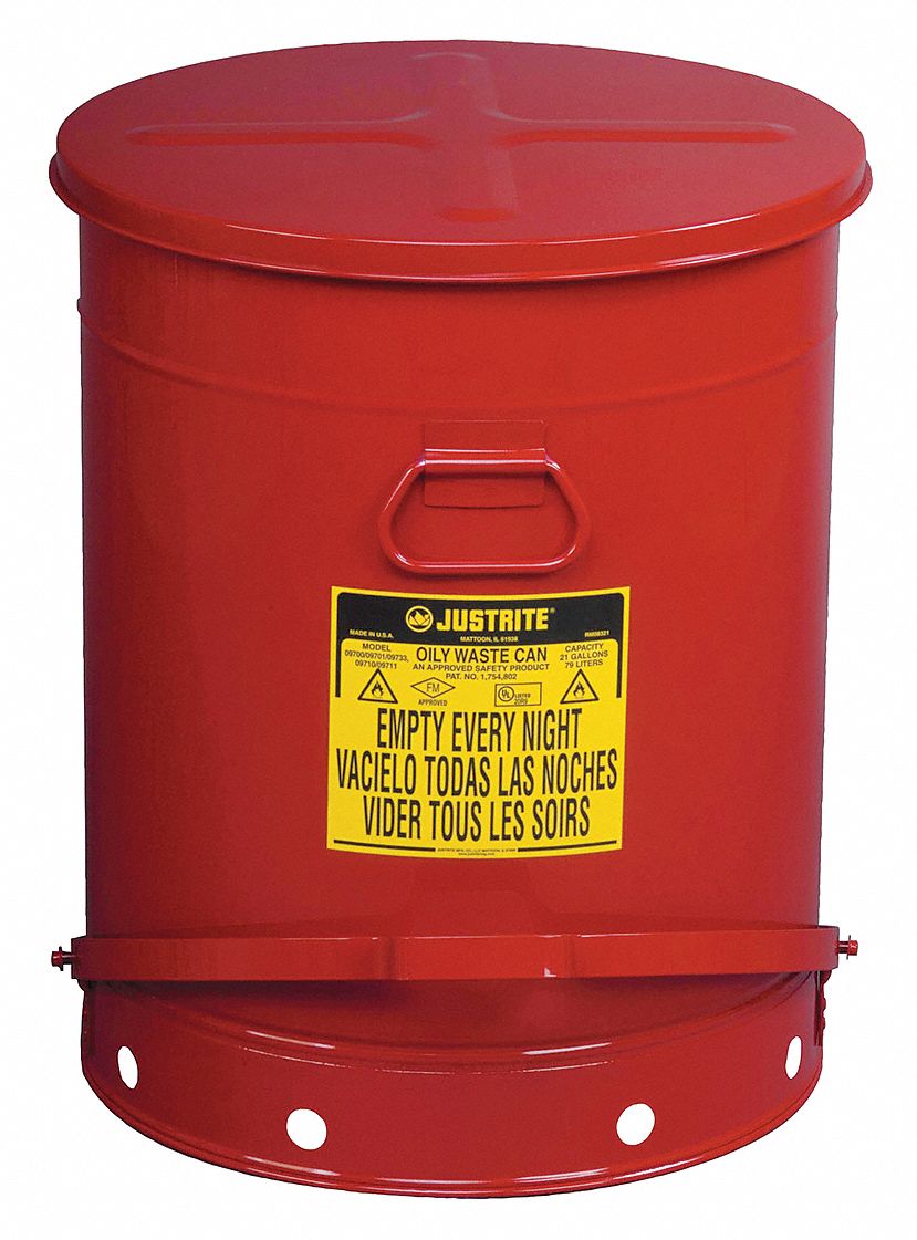 OILY WASTE CAN, 21 GAL, RED, GALVANIZED STEEL, 23-7/16 IN H, FOOT OPERATED SELF CLOSING