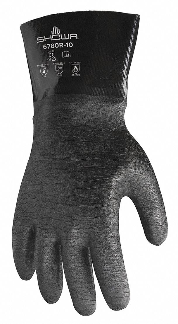 CHEMICAL RESISTANT GLOVES, 26 MIL, 12 IN LENGTH, GRAIN, SIZE 10, BLACK