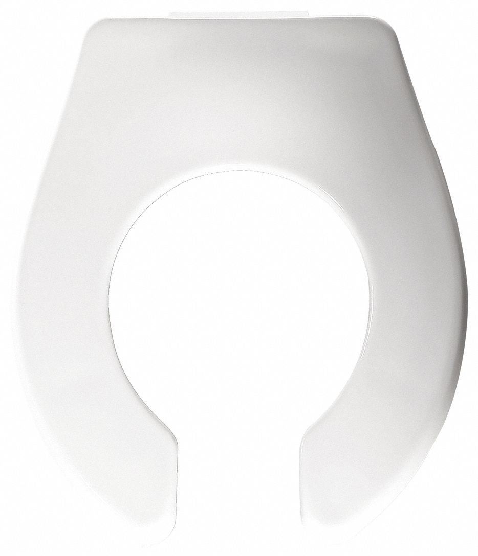 TOILET SEAT: WHITE, PLASTIC WITH SS POSTS, EXTERNAL CHECK HINGE, 2⅛ IN SEAT H, OPEN