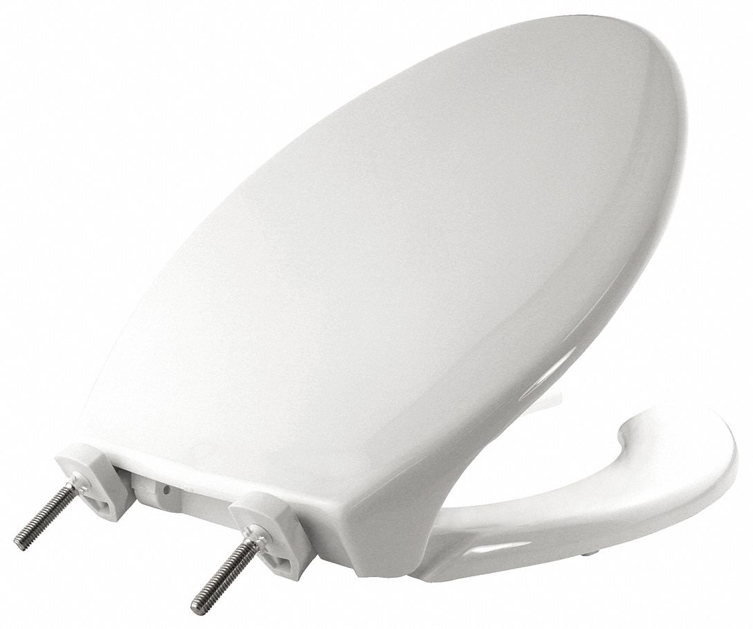 TOILET SEAT: WHITE, PLASTIC WITH SS POSTS, EXTERNAL CHECK HINGE, 2¼ IN SEAT H, OPEN