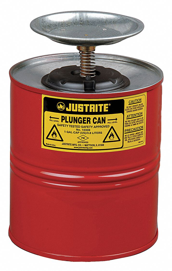 PLUNGER CAN, 1 GAL, RED, GALVANIZED STEEL, BRASS, RYTON, 10½ IN H, 7¼ IN OD, POWDER COATED