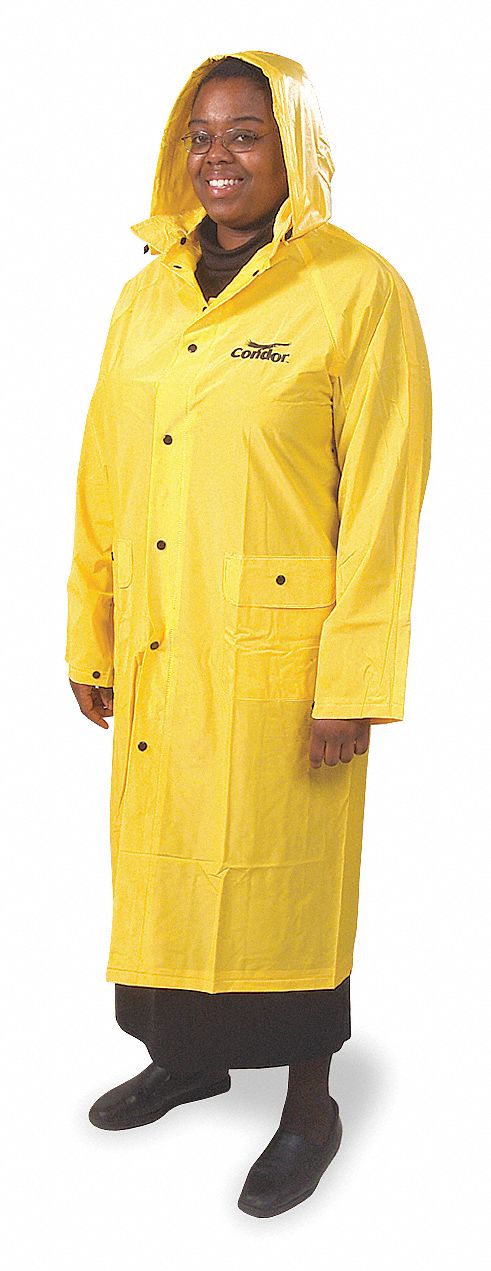 RAIN COAT WITH DETACHABLE HOOD, COAT, 2XL, YELLOW, SNAPS, SNAP-ON HOOD, PVC