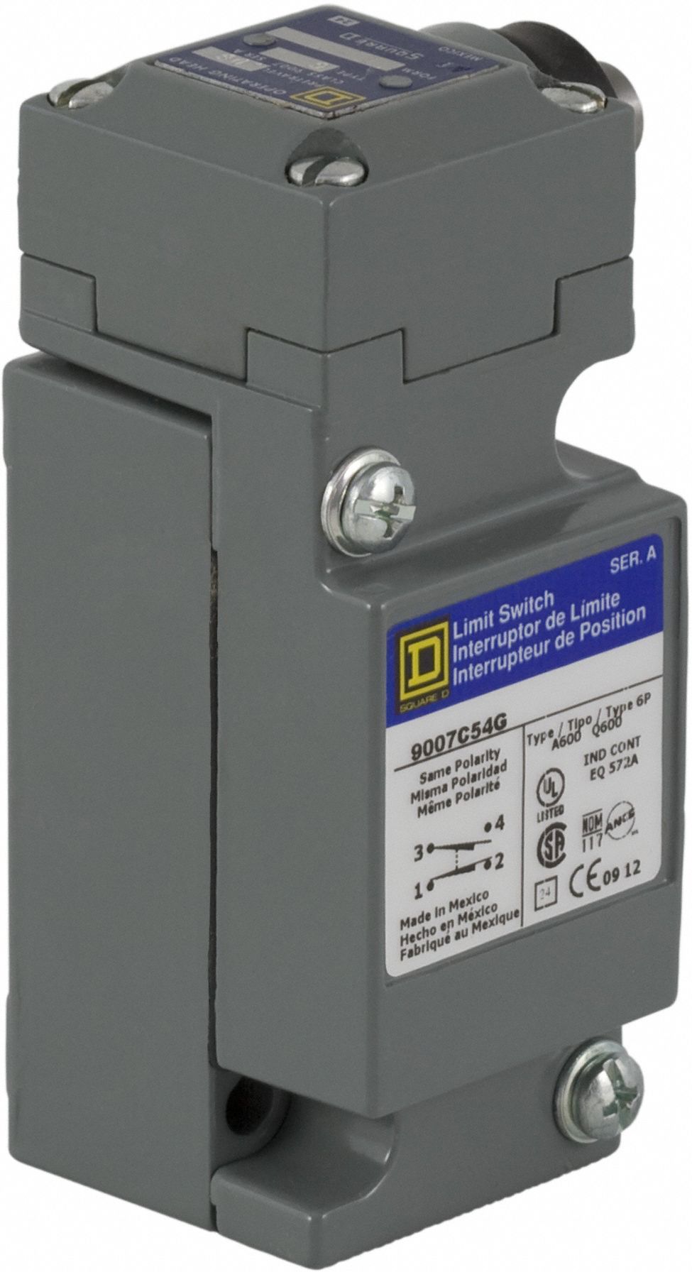SQUARE D Heavy Duty Limit Switch 1NC/1NO, 10A 600V, 10A 600V, Horizontal, Side, Surface