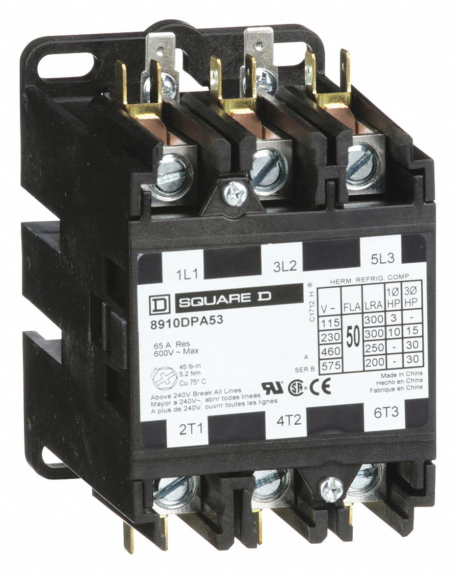 SQUARE D 120V AC Definite Purpose Contactor; No. of Poles 3, 50 Full Load AmpsInductive 5B102