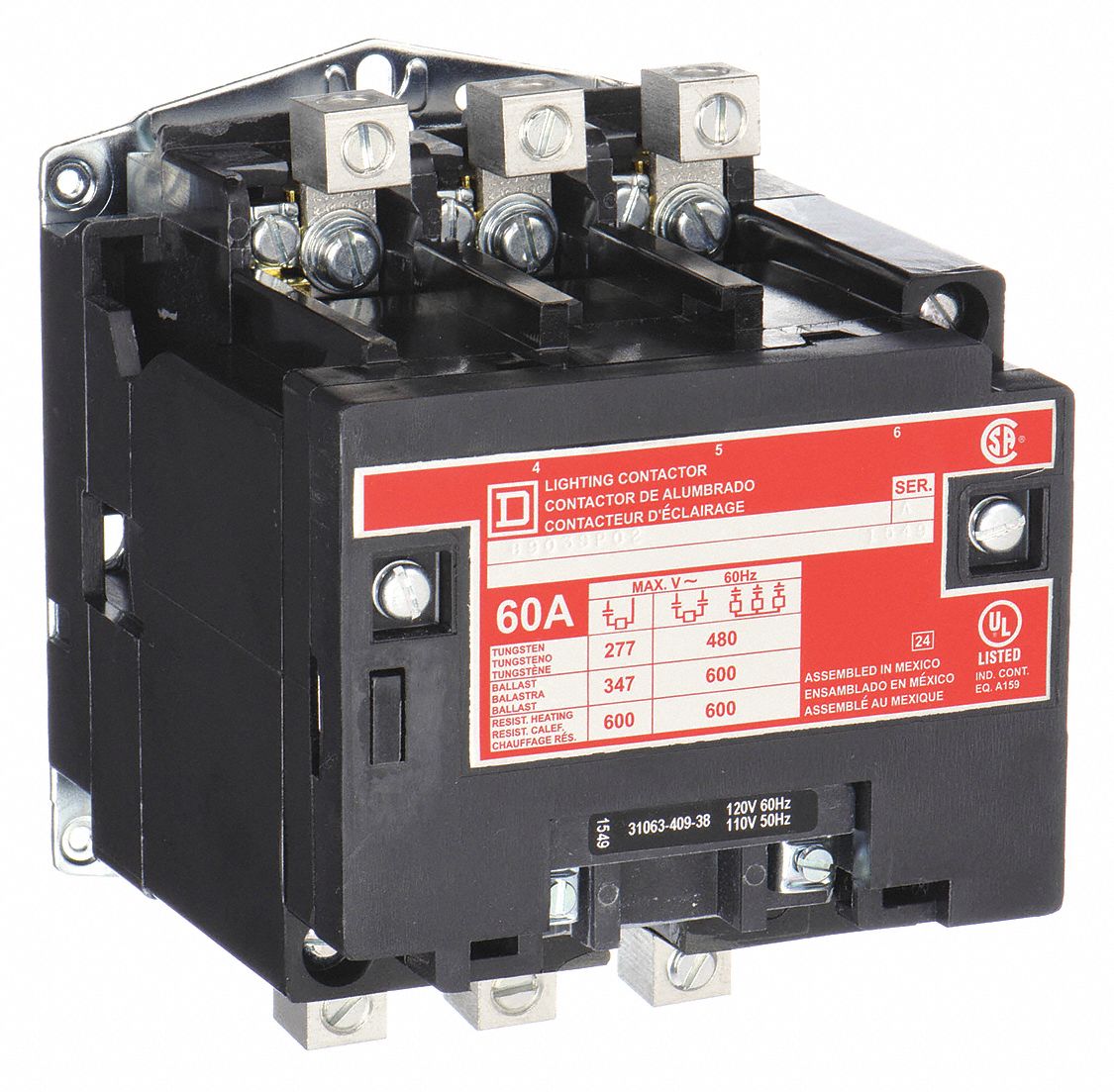 LIGHTING MAGNETIC CONTACTOR, 3 POLES, 120V AC, 60 A, OPEN