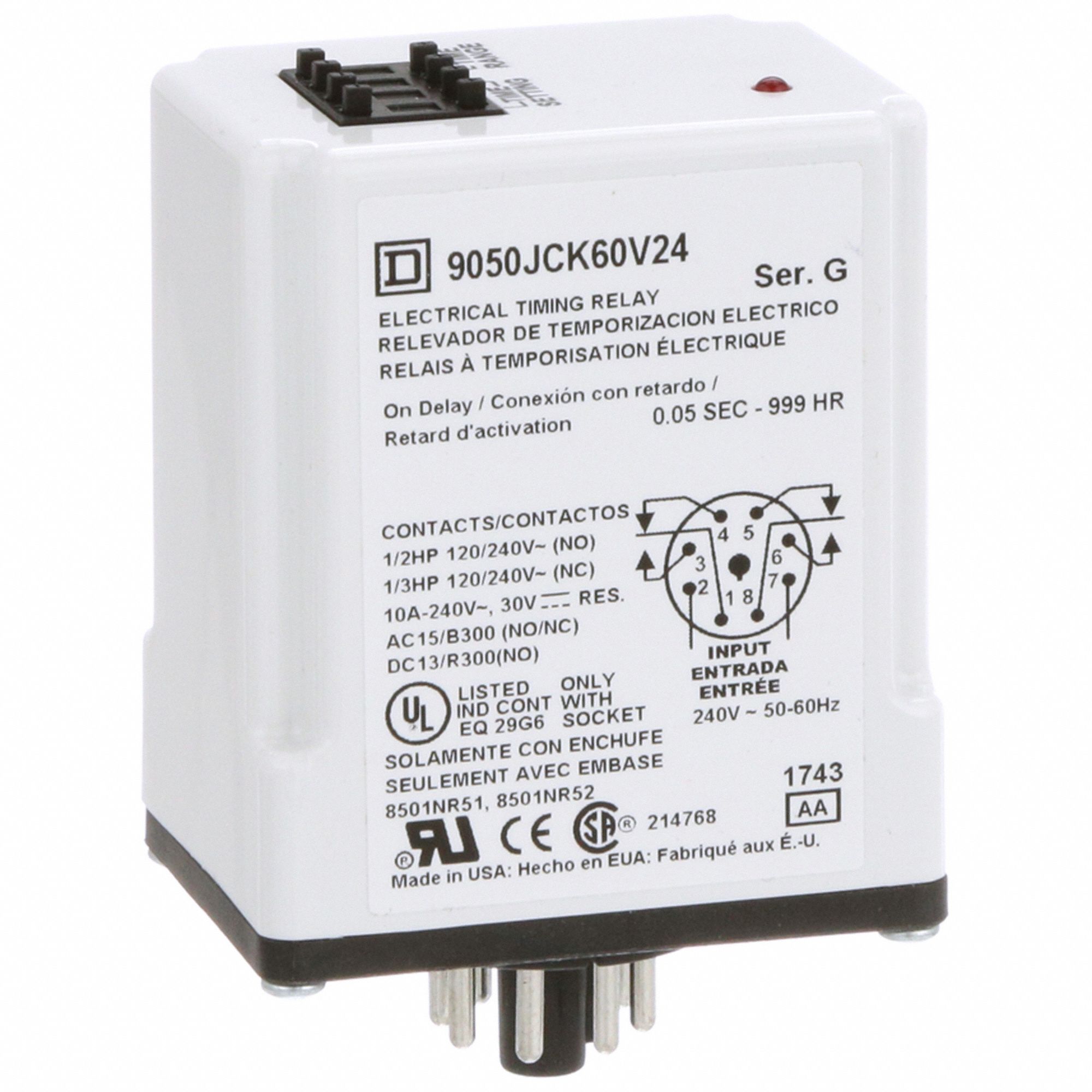 SCHNEIDER Single Function Time Delay Relay: Socket Mounted, 240V AC, 10 A,  8 Pins/Terminals