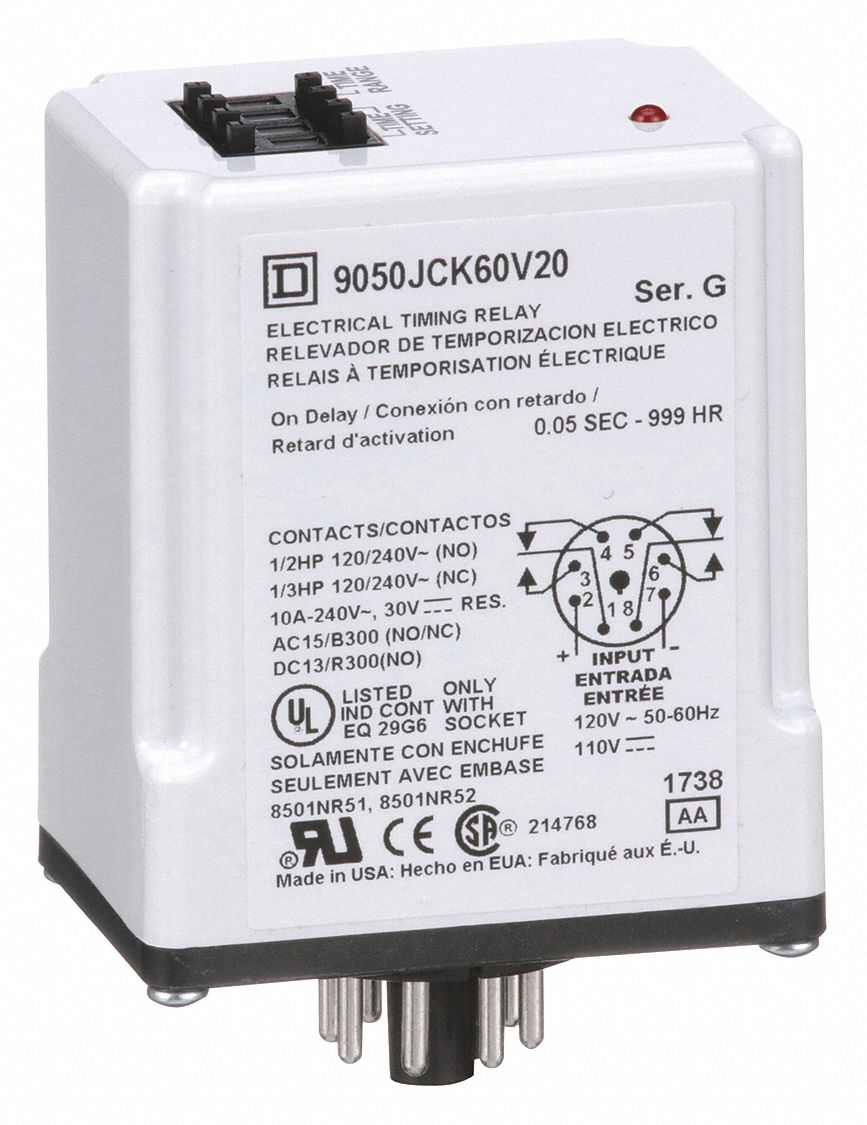 SQUARE D Single Function Timing Relay, 120V AC, 10A @ 120/240V, 8 Pins ...