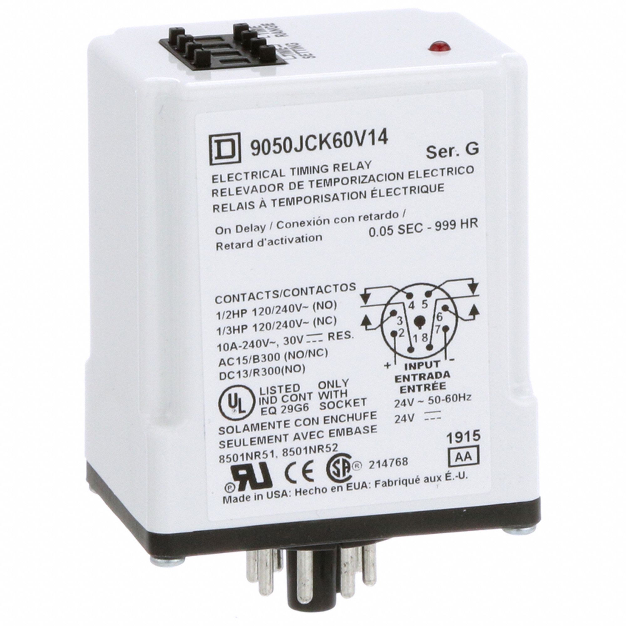 Single Function Time Delay Relay: Socket Mounted, 24V AC, 10 A, 8 Pins/Terminals, On Delay