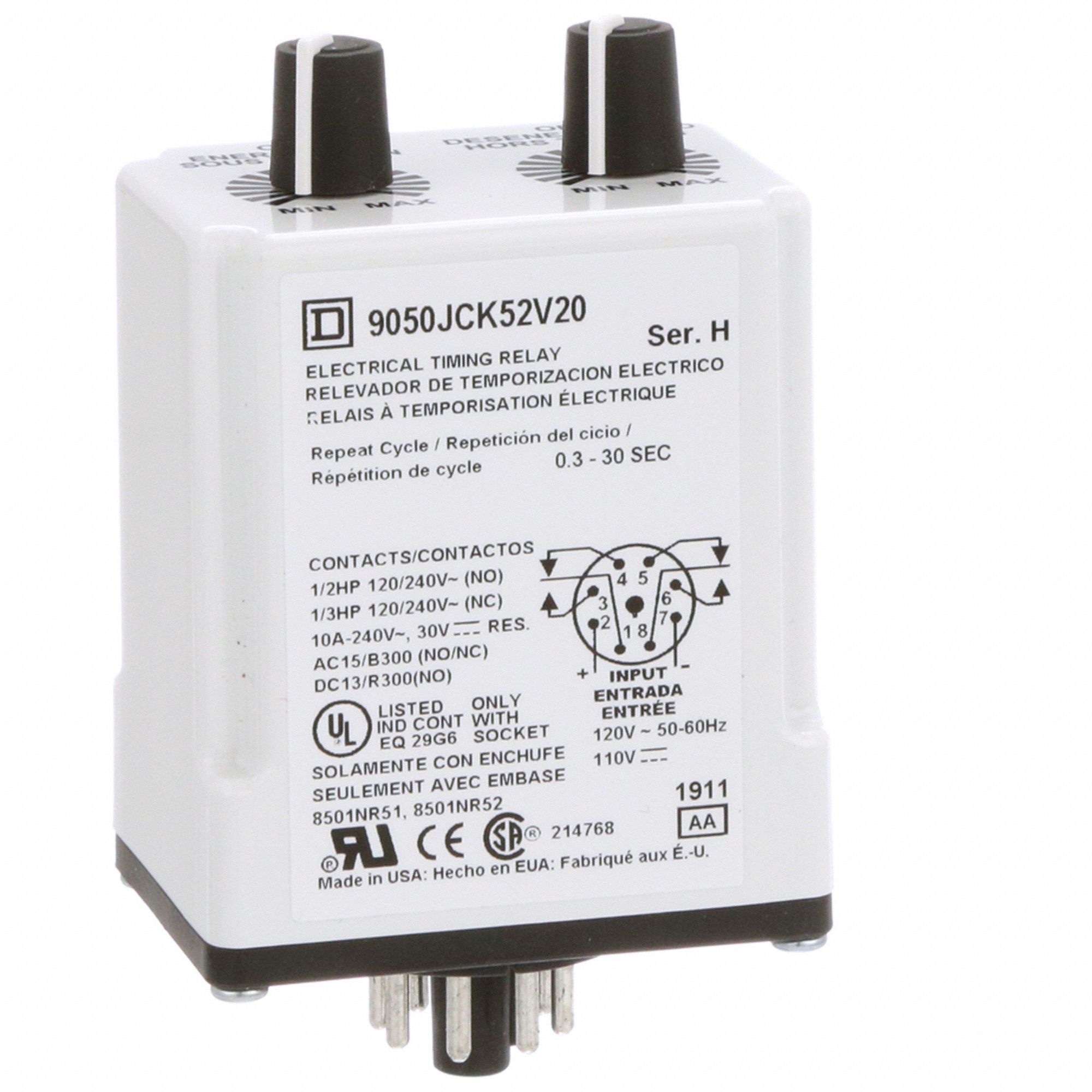 Single Function Time Delay Relay: Socket Mounted, 110V AC, 10 A, 8 Pins/Terminals