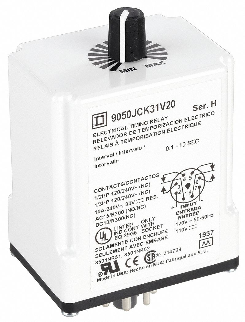 Single Function Time Delay Relay: Socket Mounted, 120V DC, 10 A, 8 Pins/Terminals