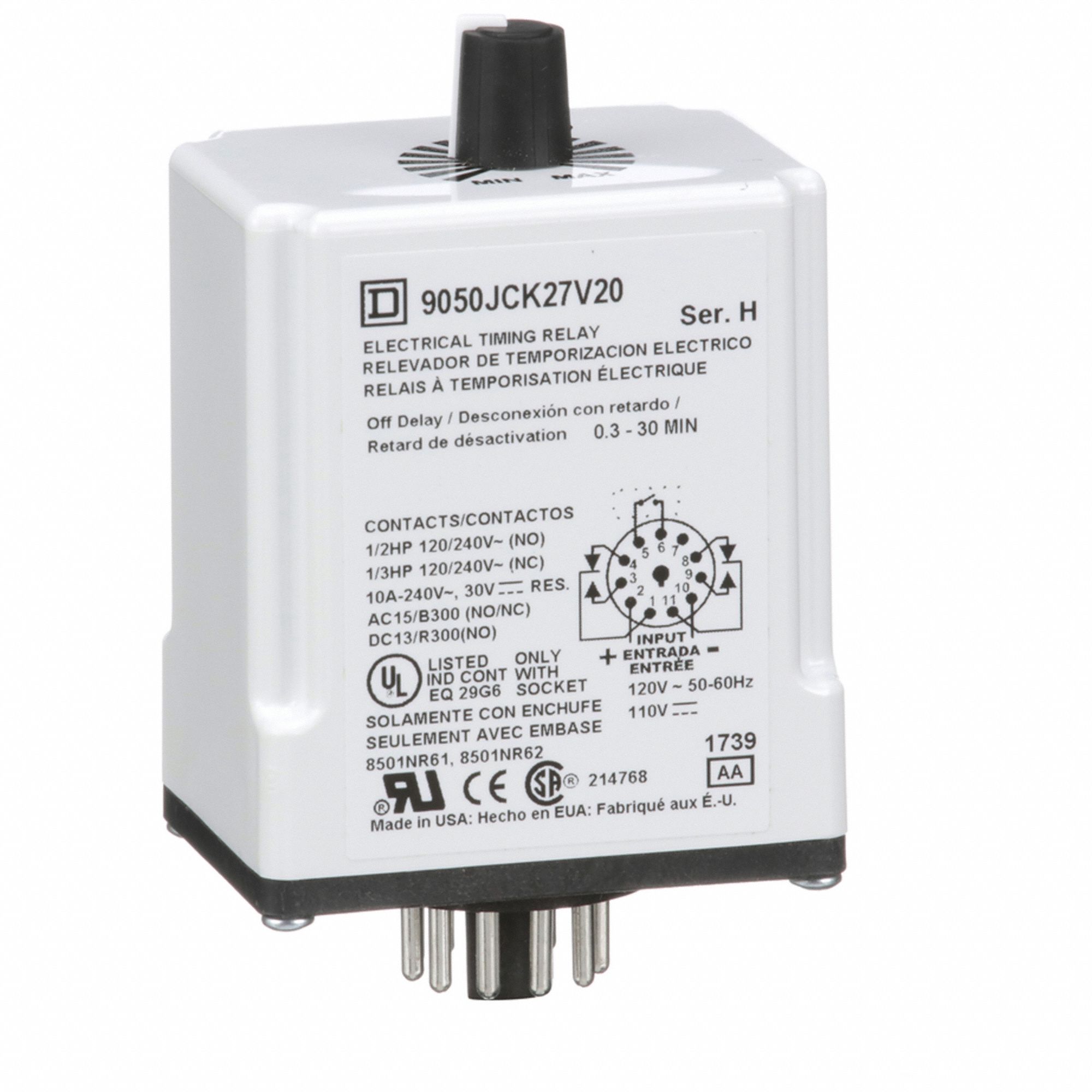 Single Function Time Delay Relay: Socket Mounted, 120V DC, 10 A, 11 Pins/Terminals