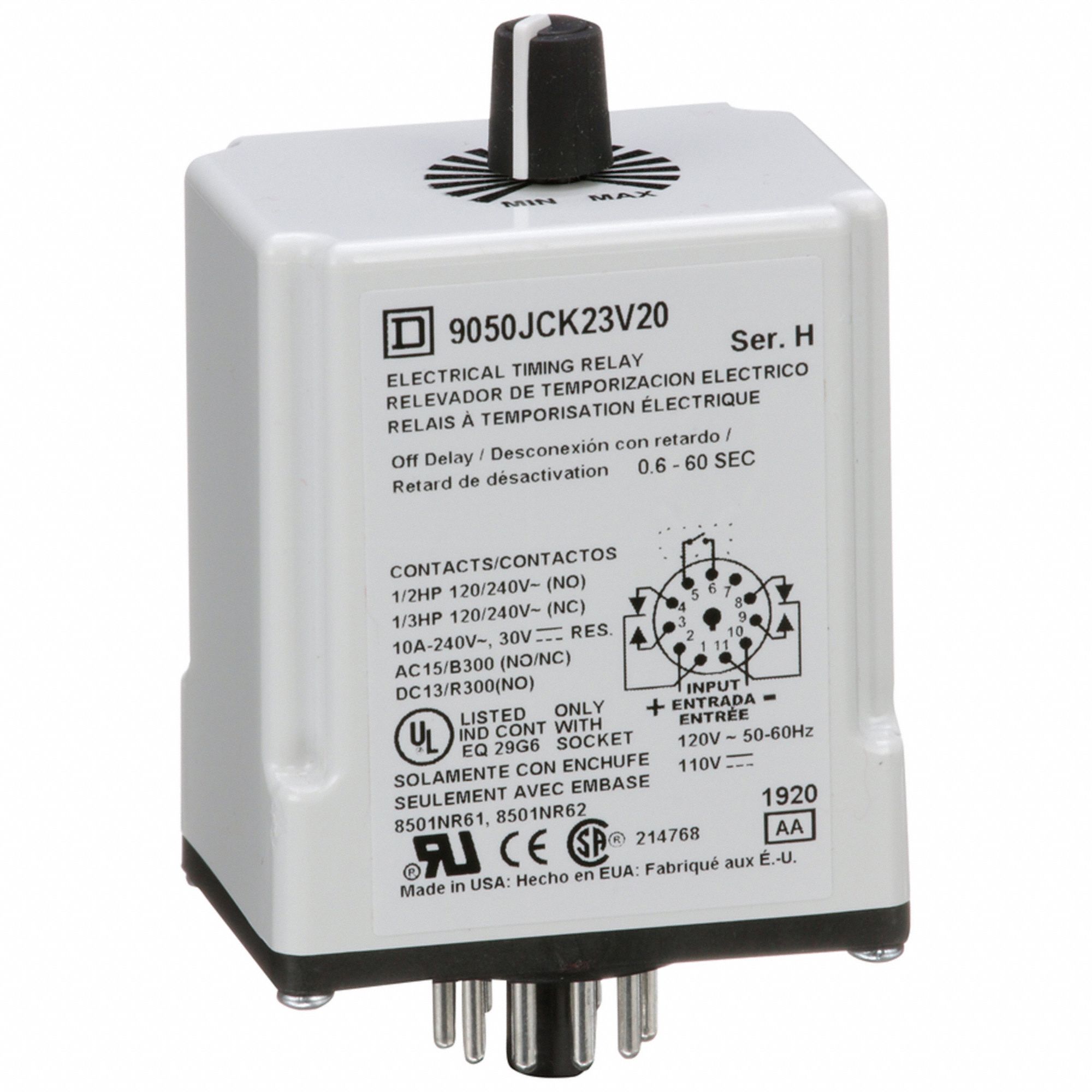 Single Function Time Delay Relay: Socket Mounted, 120V DC, 10 A, 11 Pins/Terminals