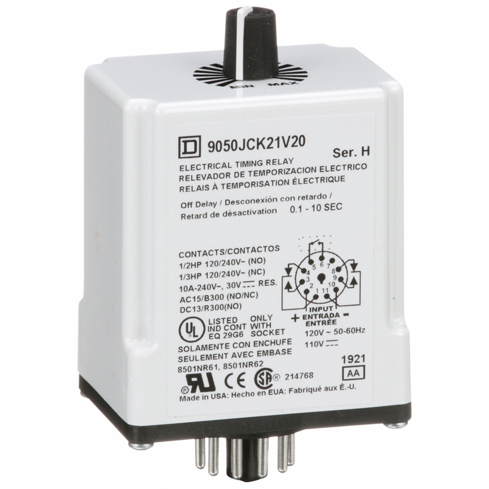 Single Function Time Delay Relay: Socket Mounted, 110V AC, 10 A, 11 Pins/Terminals