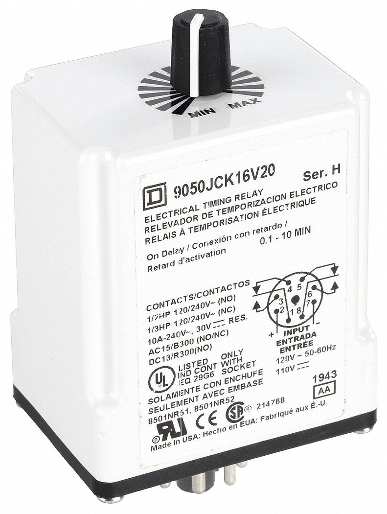 Single Function Time Delay Relay: Socket Mounted, 120V DC, 10 A, 8 Pins/Terminals