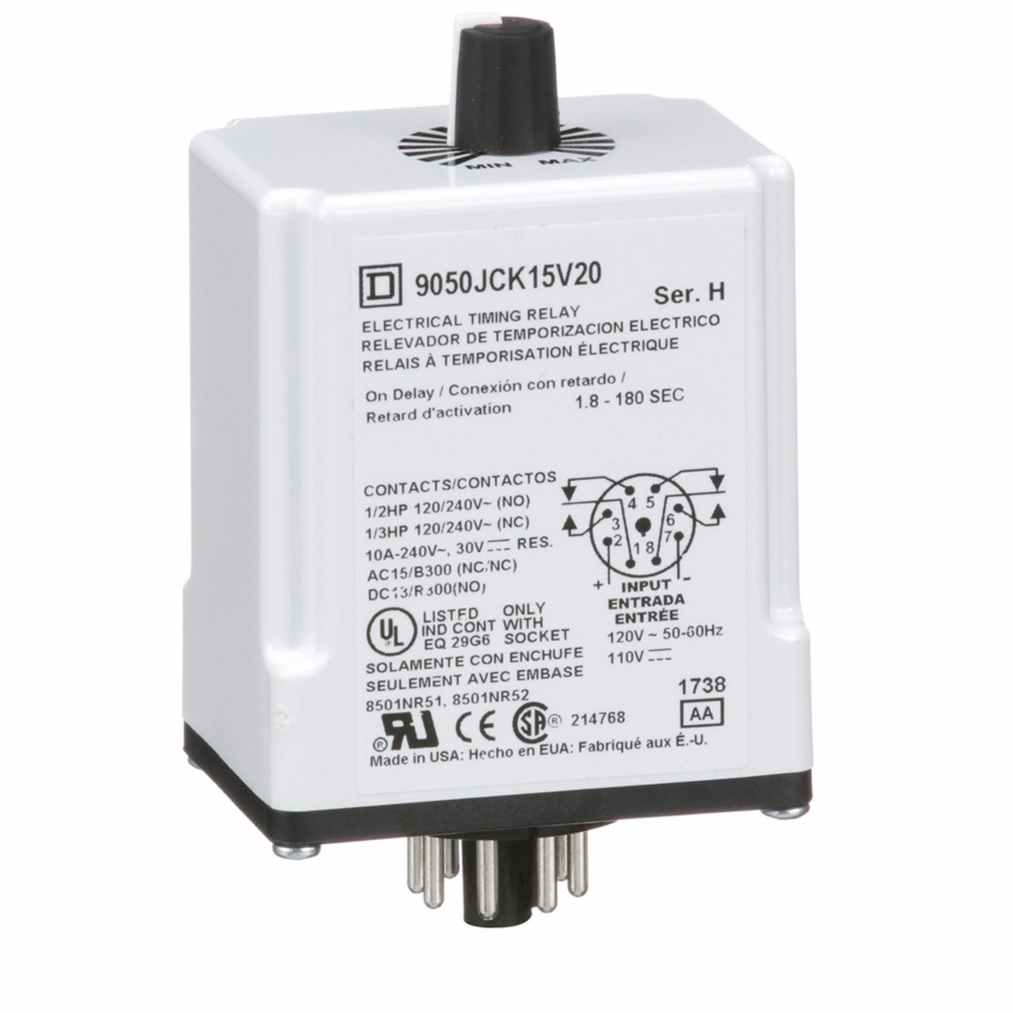 Single Function Time Delay Relay: Socket Mounted, 110V AC, 10 A, 8 Pins/Terminals