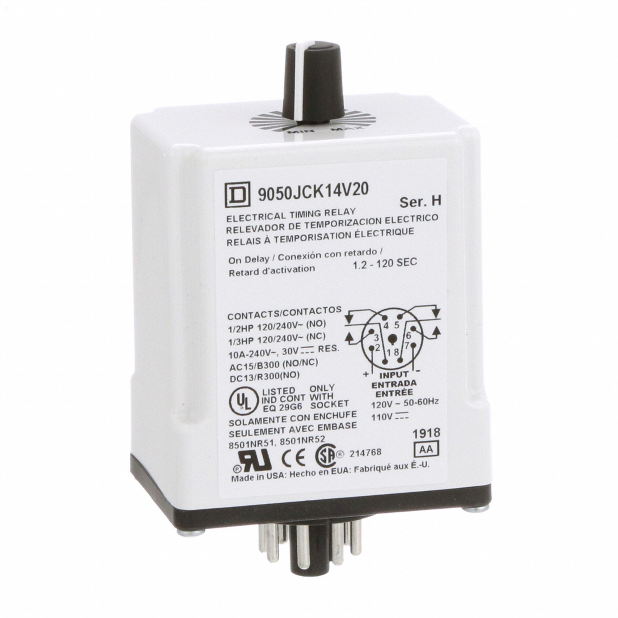 Single Function Time Delay Relay: Socket Mounted, 110V AC, 10 A, 8 Pins/Terminals