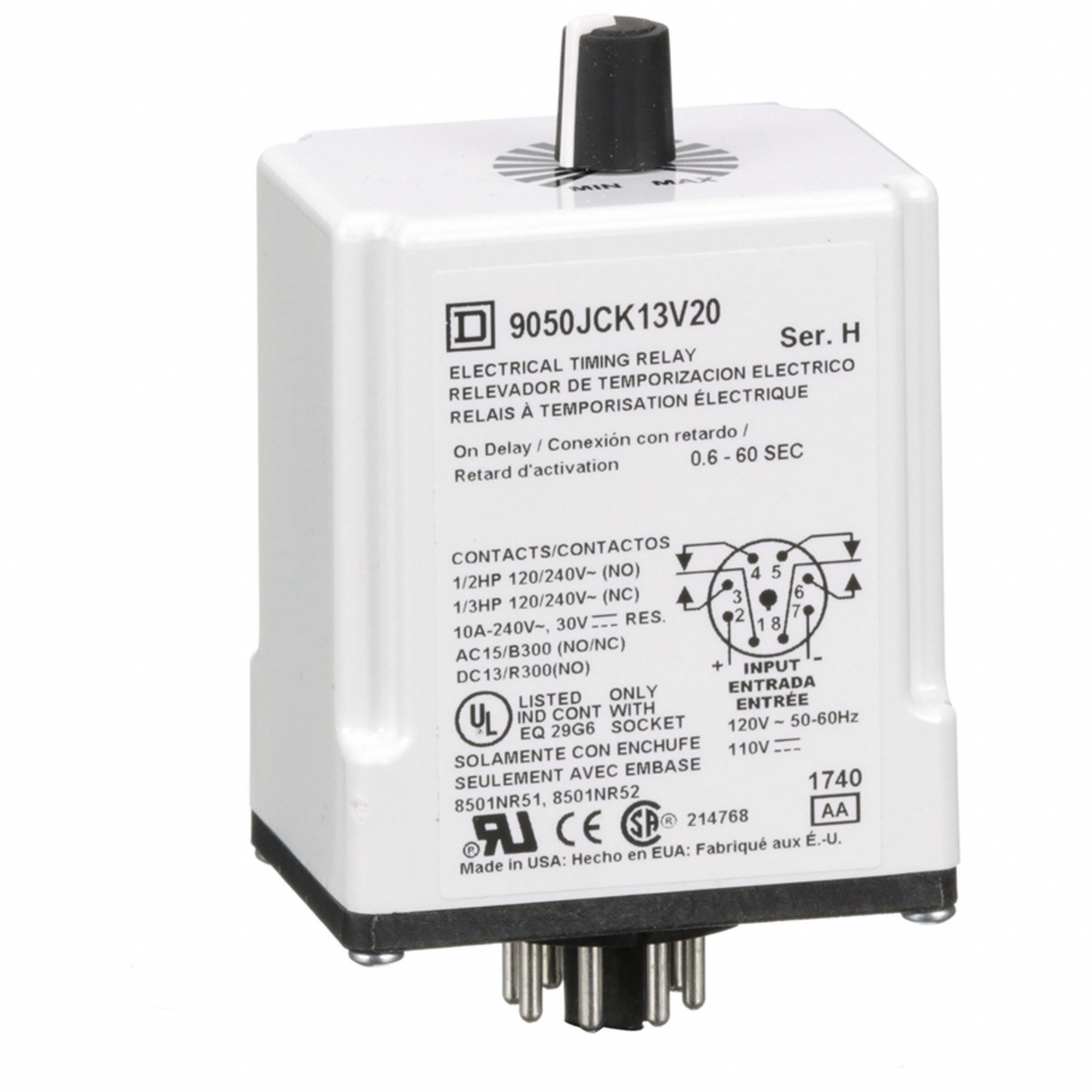 Single Function Time Delay Relay: Socket Mounted, 120V DC, 10 A, 8 Pins/Terminals