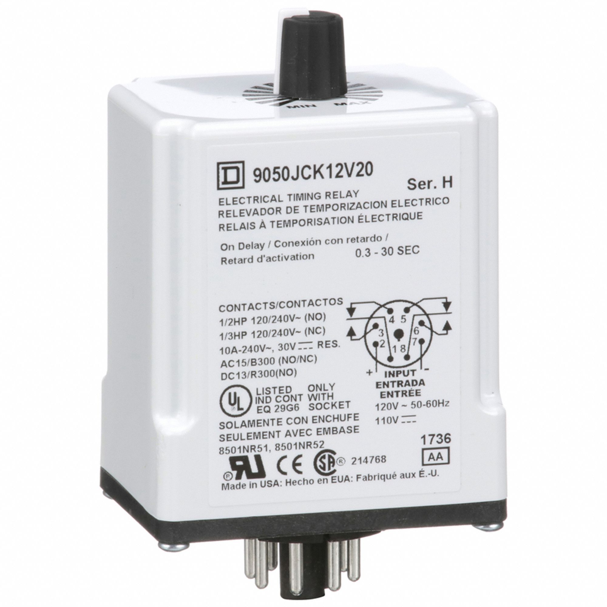 Single Function Time Delay Relay: Socket Mounted, 110V AC, 10 A, 8 Pins/Terminals