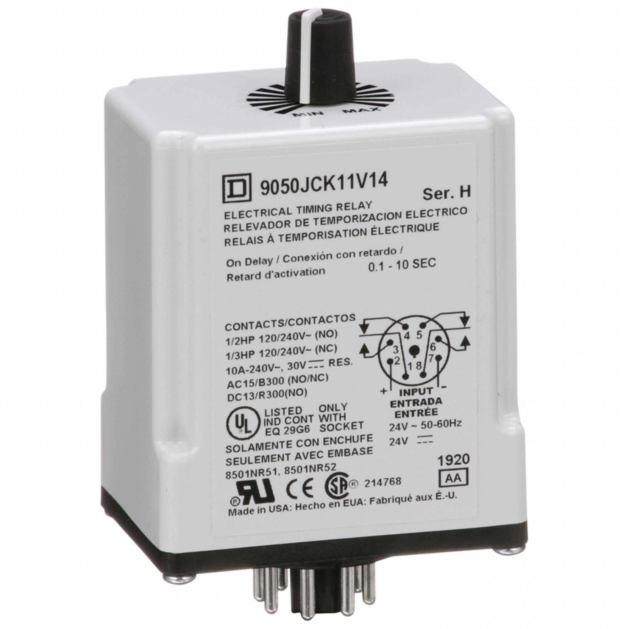 Single Function Time Delay Relay: Socket Mounted, 24V AC/DC, 10 A, 8 Pins/Terminals