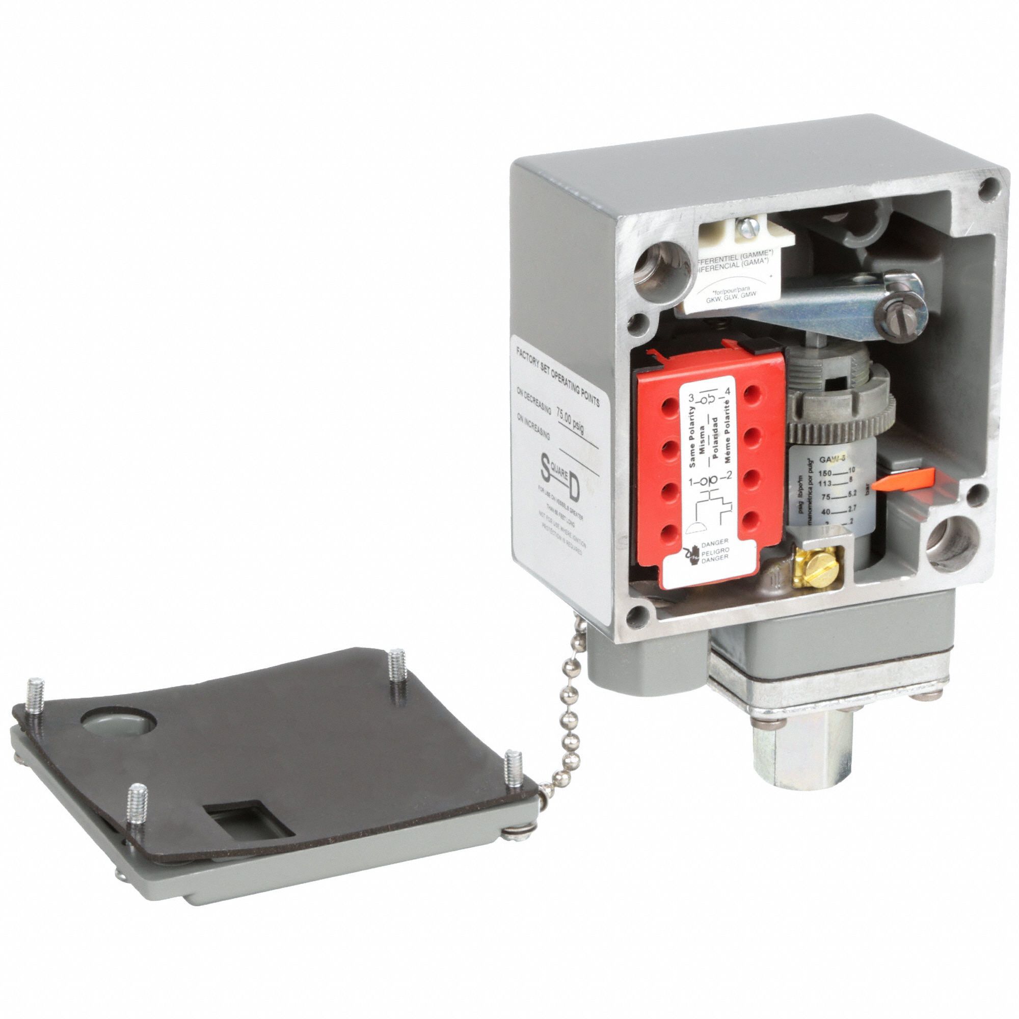 Square D 9012GAW5 Single-Stage Diaphragm-Actuated Pressure Switch Range Connection 4X NEMA 4 3-150 psi Press 1/4-18 NPTF Press and 13 Enc. SPDT Contacts 