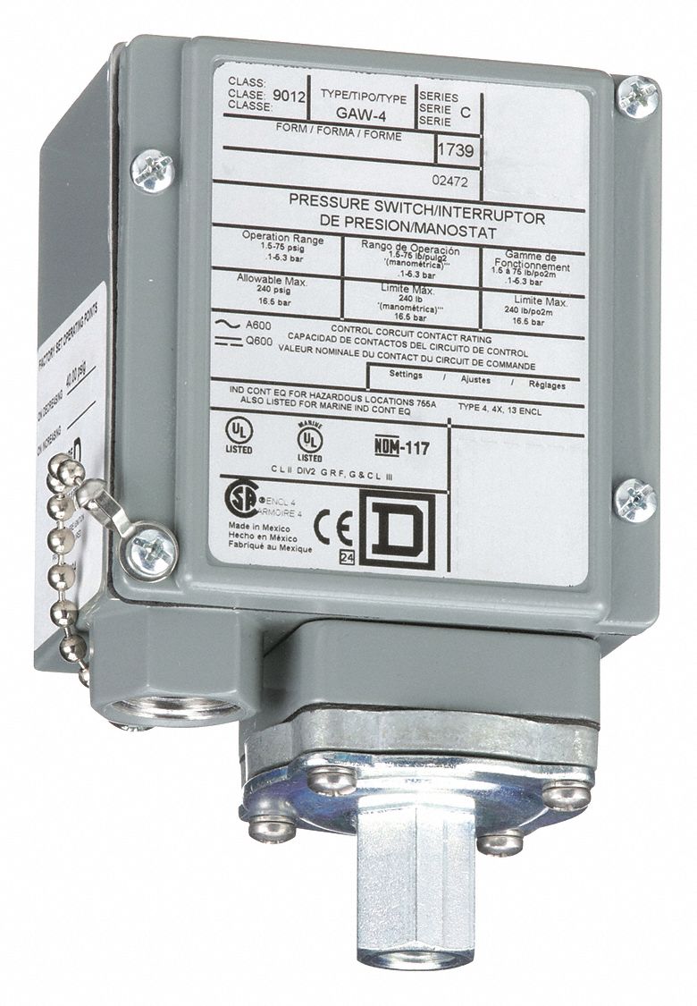 Square D 9012GAW5 Single-Stage Diaphragm-Actuated Pressure Switch Range Connection 4X NEMA 4 3-150 psi Press 1/4-18 NPTF Press and 13 Enc. SPDT Contacts 