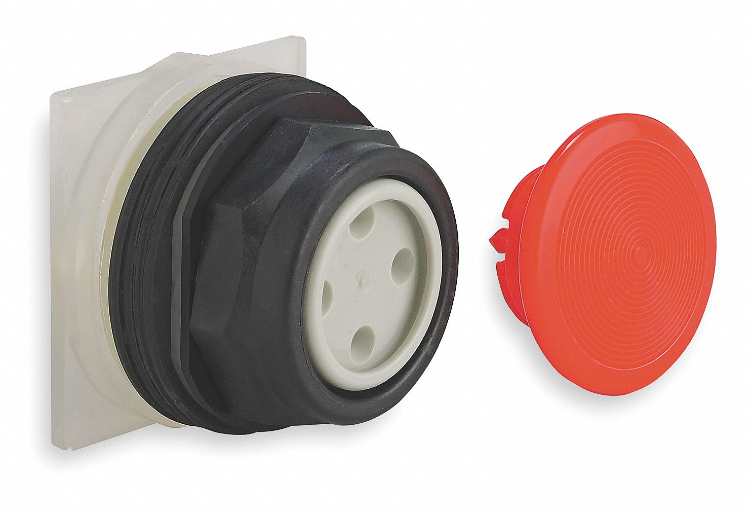 Mushroom Head Push Button: Red, 30 mm Mounting Size, Non-Metallic, Momentary