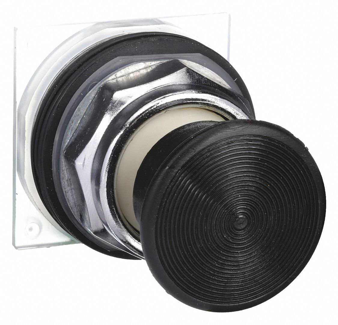 Mushroom Head Push Button: Black, 30 mm Mounting Size, Metallic, Momentary