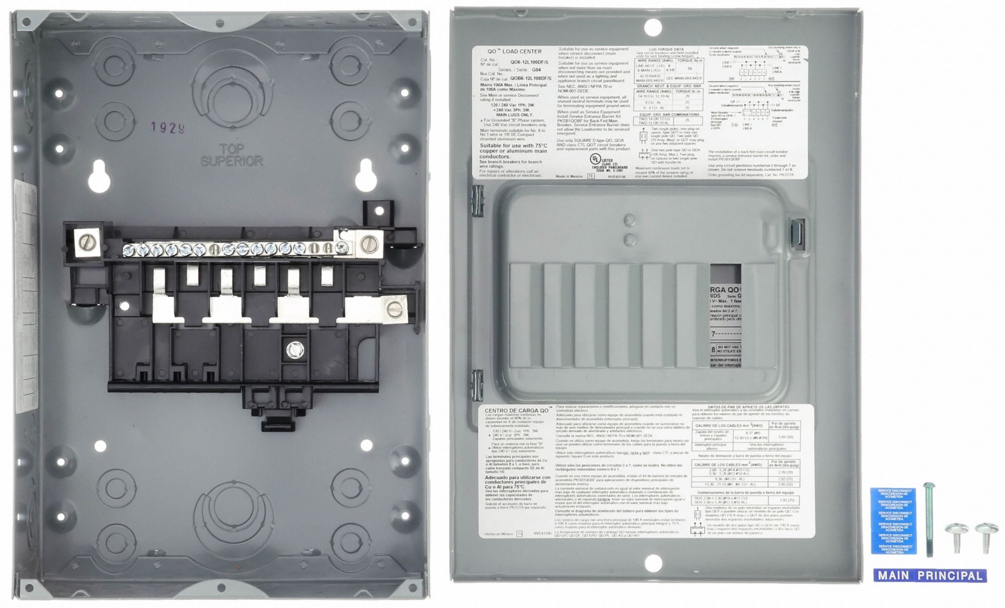 SQUARE D Load Center, Number of Spaces 6, Amps 100 A, Circuit Breaker