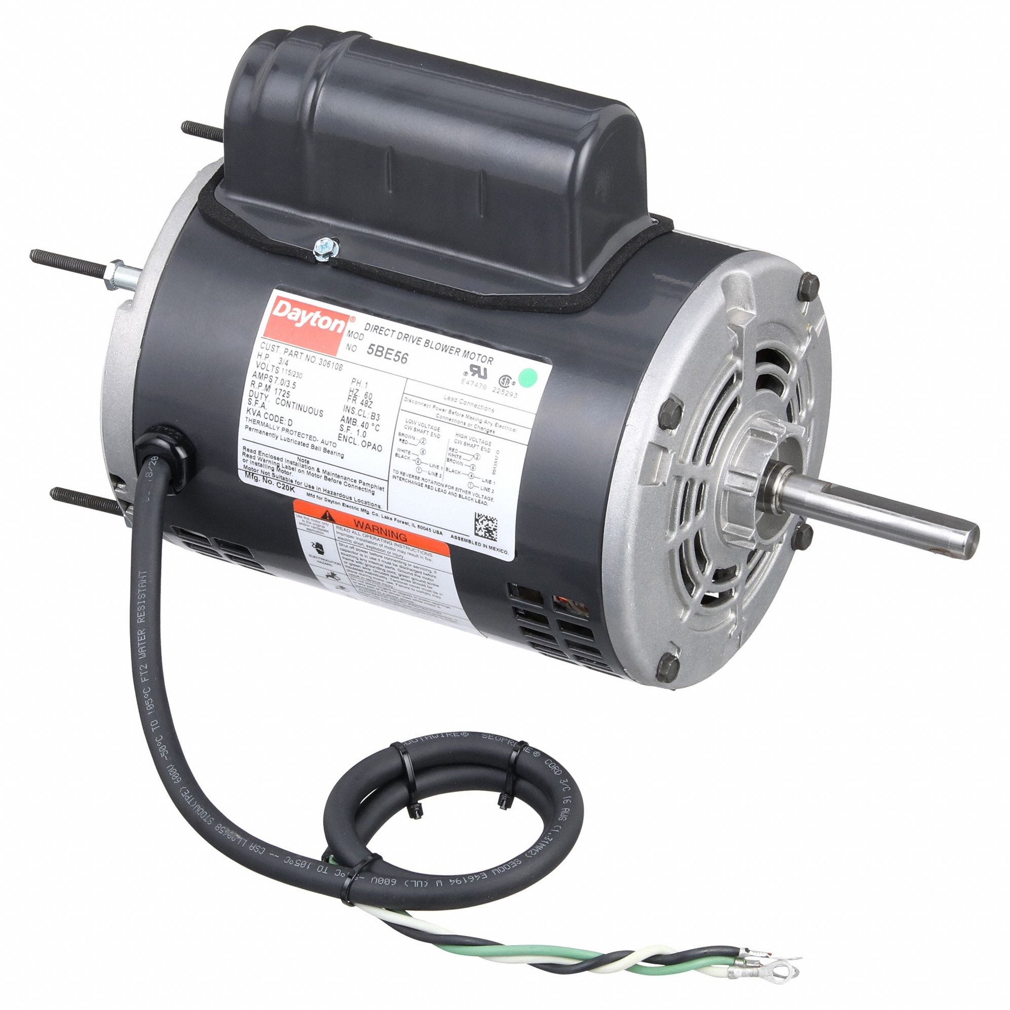 Direct Drive Blower Motor: Stud, Permanent Split Capacitor, 3/4 hp, 1, 725 RPM, 48Z Frame Size