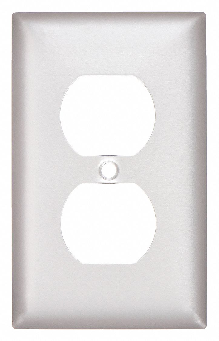 DUPLEX RECEPTACLE WALL PLATE, DUPLEX OUTLET, ALUMINUM, SILVER, 1 OUTLET OPENING, 0 SWITCH OPENINGS