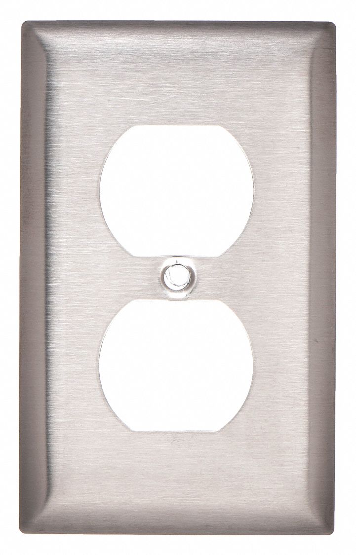 DUPLEX RECEPTACLE WALL PLATE, DUPLEX OUTLET, STAINLESS STEEL, SILVER, 1 OUTLET OPENING