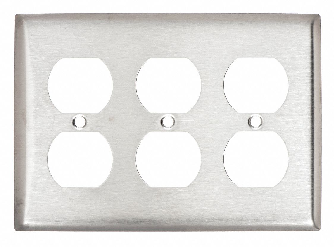 DUPLEX RECEPTACLE WALL PLATE, DUPLEX OUTLET, STAINLESS STEEL, SILVER, 3 OUTLET OPENINGS