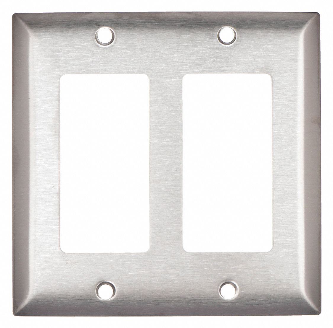 ROCKER WALL PLATE, DECORATOR-ROCKER, STAINLESS STEEL, SILVER, 2 OUTLET OPENINGS, 2 SWITCH OPENINGS